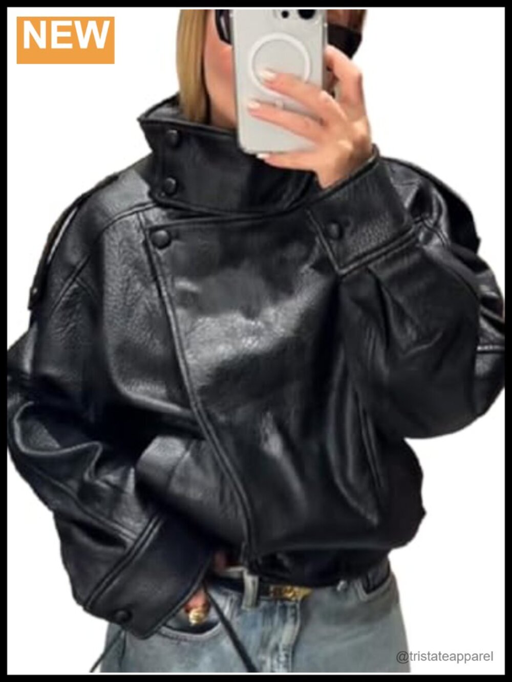 Black Faux Leather Jacket Women's Motorcycle Moto Stand Collar Long Sleeve